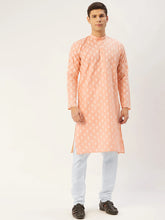Men's Peach Cotton Floral printed kurta Pyjama Set