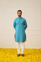 Men's Teal Cotton Floral printed kurta Only