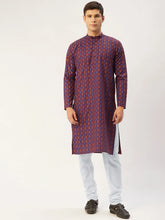 Men's Maroon Cotton Ikat printed kurta Pyjama Set