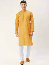 Men's Mustard Cotton printed kurta Pyjama Set