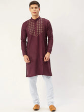Men's Maroon Cotton Embroidered Kurta Pyjama