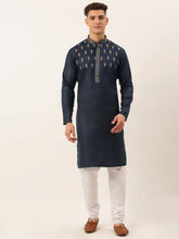Men's Cotton Embroidered Kurta Pajama Sets ( JOKP 656 Navy )