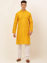 Men's Dupion Silk Embroidered Kurta Pyjama Set ( JOKP 659Mustard )-JOKP-659