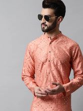 Men Peach Embroidered Mirror Work Dupion Silk Kurta with Pyjamas ( JOKP 659Peach )-JOKP-659