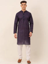 Men's Pure Cottom Embroidered Kurta Pyjama Set ( JOKP 660 Navy )