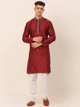 Men's Silk Blend Collar Embroidered Kurta Pyjama Set ( JOKP 662 Maroon )