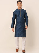 Men's Silk Blend Collar Embroidered Kurta Pyjama Set ( JOKP 662 Peacock )