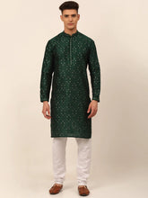 Men's Silk Blend Collar Embroidered Kurta Pyjama Set ( JOKP 665 Green )