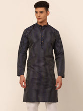 Men Navy Blue Striped Pleated Chikankari Kurta Only ( KO 666 Navy )