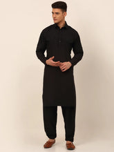 Men Black Cotton Solid Pathani Kurta with Salwar ( JOKP 670 Black )