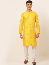 DesiQlo Men Mustard Yellow Embroidered Sequinned Kurta with Churidar ( JOKP 673 Mustard )