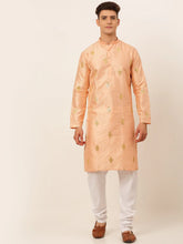 DesiQlo Men Peach Embroidered Sequinned Kurta with Churidar ( JOKP 673 Peach )