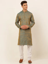 DesiQlo Men's Blue and Golden Woven Design Kurta Pajama ( JOKP 674 Blue )