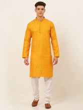 DesiQlo Men's Mustard and Golden Woven Design Kurta Pajama ( JOKP 674 Mustard )