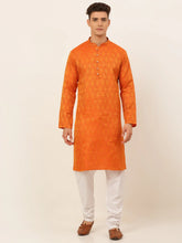 DesiQlo Men's Orange and Golden Woven Design Kurta Pajama ( JOKP 674 Orange )