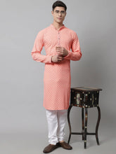 Men Peach Chikankari Embroidered and Sequence Kurta with Churidar ( JOKP 678Peach )-JOKP-678