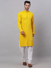 Men Yellow Chikankari Embroidered and Sequence Kurta with Churidar ( JOKP 678Yellow )-JOKP-678