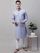 Men Blue and White Striped Kurta with Pyjama-JOKP-683
