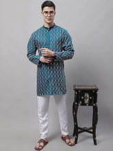 Men's Teal Blue and Multi Coloured Embroidered Straight Kurta Pyjama Set-JOKP-689