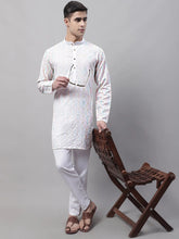 Men's White and Multi Coloured Embroidered Straight Kurta Pyjama Set-JOKP-689
