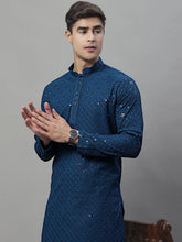 Men's Peacock Blue Chikankari Embroidered and Sequence Kurtas-KO-695