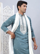 Men's Sequins Embroidered Kurta Pyjama With Dupatta-JOKP-DM-W1