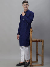 Men Navy Blue Embroidered Sequinned Kurta with Churidar