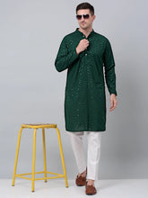Men Olive Green Embroidered Sequinned Kurta with Churidar