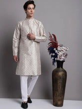 Men's Grey Printed Silk Blend Kurta Payjama