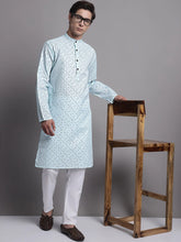 Men's Sky Blue Printed Pure Cotton Kurta Payjama Set