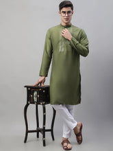 Men's Olive Green Cotton Silk Mirror Work Kurta Pyjama-JOKP-P-693