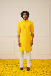 Men's Yellow Chikankari Embroidered and Sequence Kurta with Pyjama-JOKP-P-695