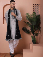 Embroidered Grey Silk Blend Kurta Salwar and Dupatta Set for Men-JOKP-SP-D