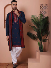 Embroidered Navy Blue Silk Blend Kurta Salwar and Dupatta Set for Men-JOKP-SP-D