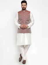Men's Solid Dupion Kurta Pajama with Woven Jacquard Waistcoat