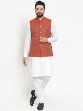 Men's Solid Cotton Kurta Pajama with Red Woven Jacquard Waistcoat