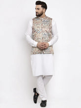 Men's Solid Cotton Kurta Pajama with Printed Waistcoat-Multi