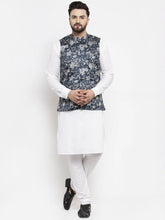 Men's Solid Cotton Kurta Pajama with Printed Waistcoat-Blue