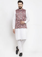 Men's Solid Cotton Kurta Pajama with Printed Waistcoat-Pink