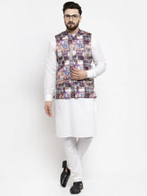 Men's Solid Cotton Kurta Pajama with Printed Waistcoat-Grey Dark