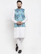 Men's Solid Cotton Kurta Pajama with Printed Waistcoat-Blue Lit
