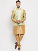 DesiQlo Men's Solid Dupion Kurta Pajama with Woven Jacqaurd Waistcoat ( JOKP WC 4063Lime-G )