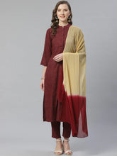 Women Burgundy & Beige Self Checked Kurta with Trousers & Dupatta ( JOKS D13MB 1359 Maroon )