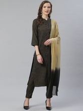 Women Charcoal Grey & Beige Self Checked Kurta with Trousers & Dupatta ( JOKS D13OB 1359 Olive )