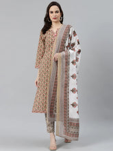 Women Beige & Pink Block Print Pure Cotton Kurta with Trousers & Dupatta ( JOKS D18W 1372 Pista )