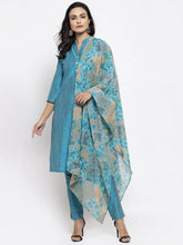 Women Blue & Green Self-Striped Kurta with Trousers & Printed Dupatta ( JOKS D1B 1310 Blue )