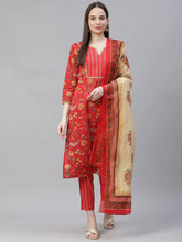 Women Red Ethnic Motifs Printed Regular Pure Cotton Kurta with Trousers & Dupatta ( JOKS D22R 1400 Red )-JOKS-D22R