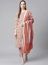 Women Grey & Peach Floral Pure Cotton Kurta with Trousers & Dupatta ( JOKS D25P 1409 Grey )