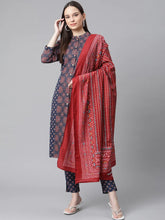 Women Blue & Maroon Printed Regular Pure Cotton Kurta with Trousers & With Dupatta ( JOKS D26R 1410 Blue )