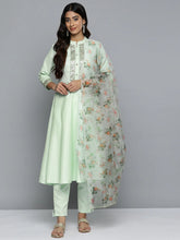 Embroidered Mirror Work Kurta With Trousers & Dupatta ( JOKS D34G 1503 Green )-JOKS-D34G-1503